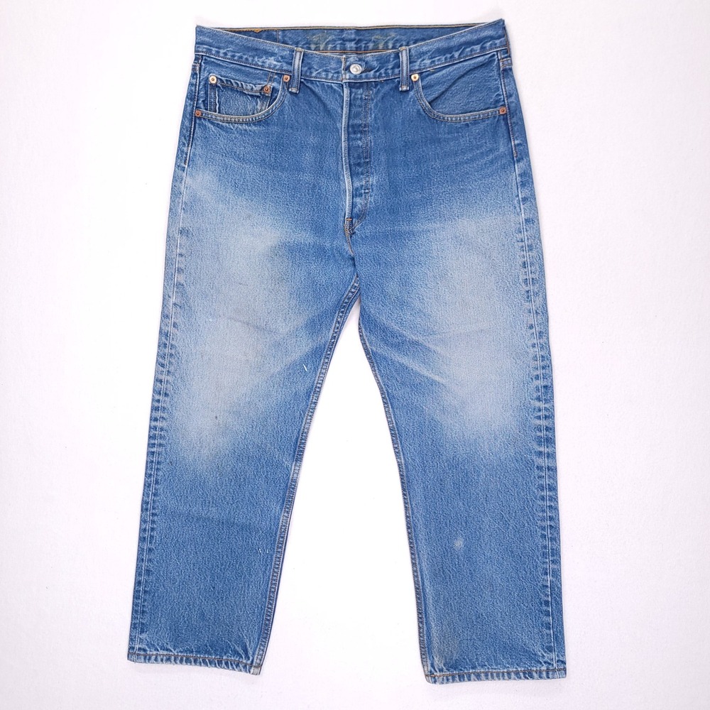 Vintage Levis 501 Mens Jeans Medium Wash Blue Denim 36x27 Button Fly Distressed‎
